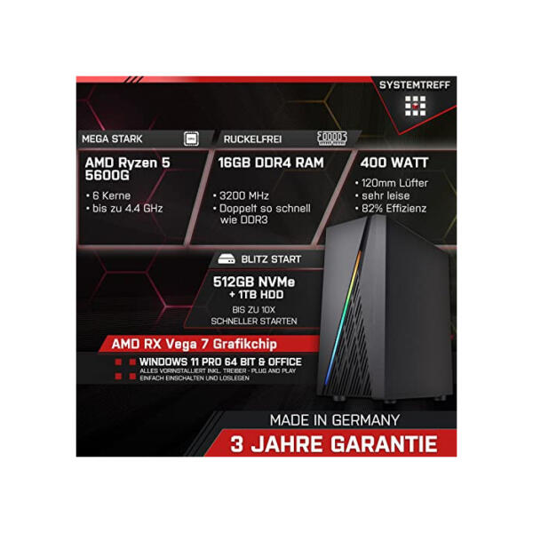 SYSTEMTREFF Basic Gaming Komplett PC Set AMD Ryzen 5 5600G 6x4.4GHz | AMD RX Vega 7 4K HDMI DX12 | 512GB M.2 NVMe + 1TB HDD | 16GB DDR4 RAM | WLAN Desktop Paket Computer für Gamer, Gaming