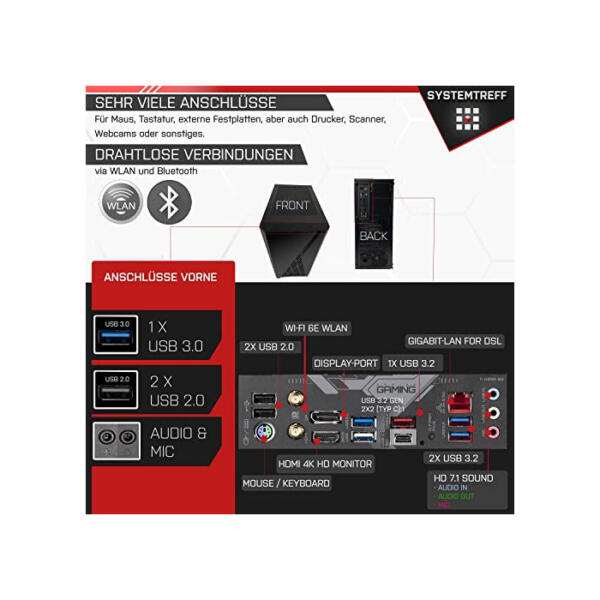 SYSTEMTREFF Gaming PC AMD Ryzen 7 7700X 8x5.4GHz | AMD Radeon RX 6750 XT DX12 | 1TB M.2 NVMe + 2TB HDD | 32GB DDR5 RAM | WLAN Desktop Computer Rechner für Gamer, Zocker & Streamer