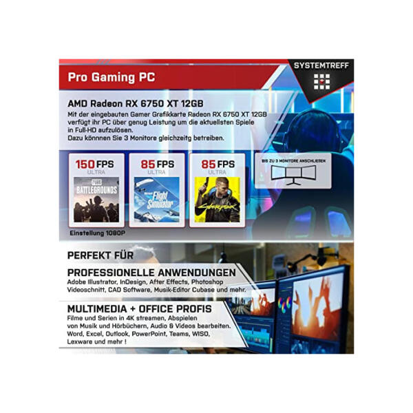 SYSTEMTREFF Gaming PC AMD Ryzen 7 7700X 8x5.4GHz | AMD Radeon RX 6750 XT DX12 | 1TB M.2 NVMe + 2TB HDD | 32GB DDR5 RAM | WLAN Desktop Computer Rechner für Gamer, Zocker & Streamer