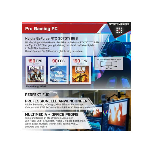 SYSTEMTREFF® High-End Gaming PC AMD Ryzen 7 7800X3D 8x5GHz | Nvidia GeForce RTX 3070 Ti 8GB DX12 | 1TB M.2 NVMe + 2TB HDD | 32GB DDR5 RAM | WLAN Desktop Computer Rechner für Gamer, Zocker & Streamer