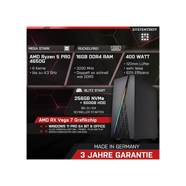 SYSTEMTREFF Basic Gaming PC AMD Ryzen 5 PRO 4650G 6x4.2GHz | AMD RX Vega 7 4K HDMI DX12 | 256GB M.2 NVMe + 500GB HDD | 16GB DDR4 RAM | WLAN Desktop Computer Rechner für Gamer, Zocker
