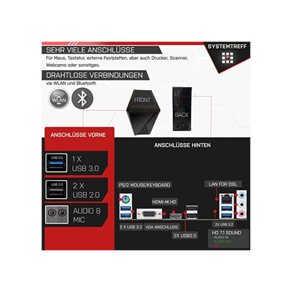 SYSTEMTREFF Basic Gaming PC AMD Ryzen 5 PRO 4650G 6x4.2GHz | AMD RX Vega 7 4K HDMI DX12 | 256GB M.2 NVMe + 500GB HDD | 16GB DDR4 RAM | WLAN Desktop Computer Rechner für Gamer, Zocker