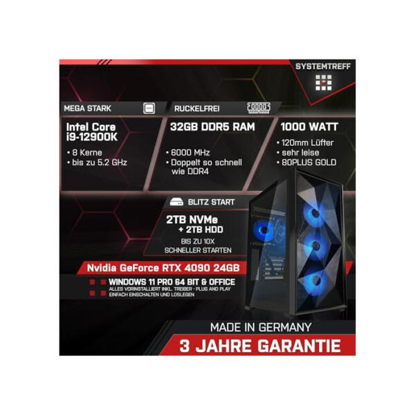 SYSTEMTREFF Gaming Komplett PC Set Intel Core i9-12900K 16x5.2GHz | Nvidia GeForce RTX 4090 24GB DX12 | 2TB M.2 NVMe + 2TB HDD | 32GB DDR5 RAM | WLAN Desktop Paket Computer für Gamer, Gaming