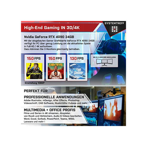 SYSTEMTREFF Gaming Komplett PC Set Intel Core i9-12900K 8x5.2GHz | Nvidia GeForce RTX 4090 24GB DX12 | 2TB M.2 NVMe + 2TB HDD | 32GB DDR5 RAM | WLAN Desktop Paket Computer für Gamer, Gaming