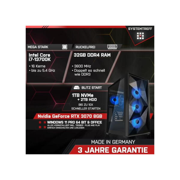 SYSTEMTREFF Gaming PC Intel Core i7-13700K 16x5.4GHz | Nvidia GeForce RTX 3070 8GB DX12 | 1TB M.2 NVMe + 2TB HDD | 32GB DDR4 RAM | WLAN Desktop Computer Rechner für Gamer, Zocker & Streamer