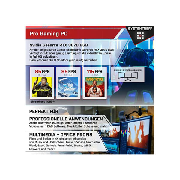 SYSTEMTREFF Gaming PC Intel Core i7-13700K 16x5.4GHz | Nvidia GeForce RTX 3070 8GB DX12 | 1TB M.2 NVMe + 2TB HDD | 32GB DDR4 RAM | WLAN Desktop Computer Rechner für Gamer, Zocker & Streamer