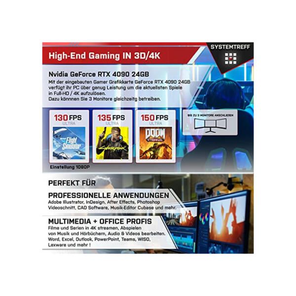 SYSTEMTREFF High-End Gaming PC Intel Core i9-12900KF 16x5.2GHz | Nvidia GeForce RTX 4090 24GB DX12 | 2TB M.2 NVMe + 2TB HDD | 32GB DDR5 RAM | WLAN Desktop Computer Rechner für Gamer, Zocker & Streamer
