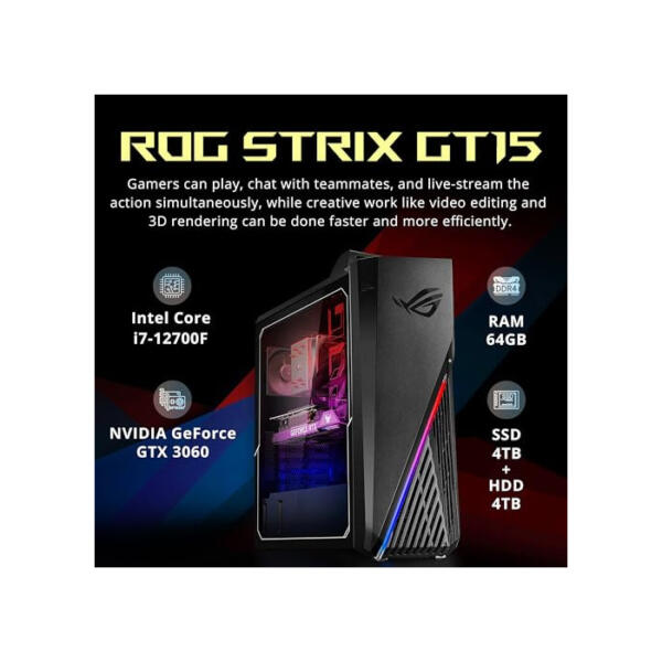 ASUS 2022 ROG Gaming Desktop, Intel Core i7-12700F Prozessor, 64GB DDR4 RAM, 4TB PCIe SSD + 4TB HDD, NVIDIA GeForce RTX 3060 12G DDR6, Win 11 Pro, schwarz, 32GB Snowbell USB Karte 64GB RAM | 4TB PCIe SSD + 4TB HDD
