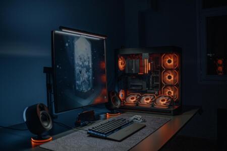 modern gaming pc setup with led lights