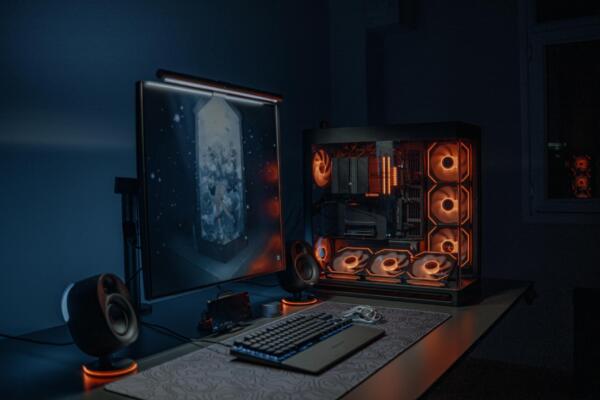 modern gaming pc setup with led lights